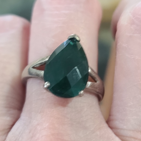Emerald Green Teardrop Solitaire Ring, Sterling Silver Setting - Picture 11 of 11